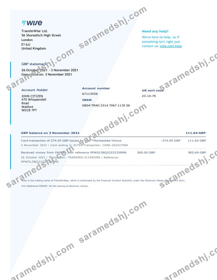 United Kingdom Wise bank statement template in Word and PDF format